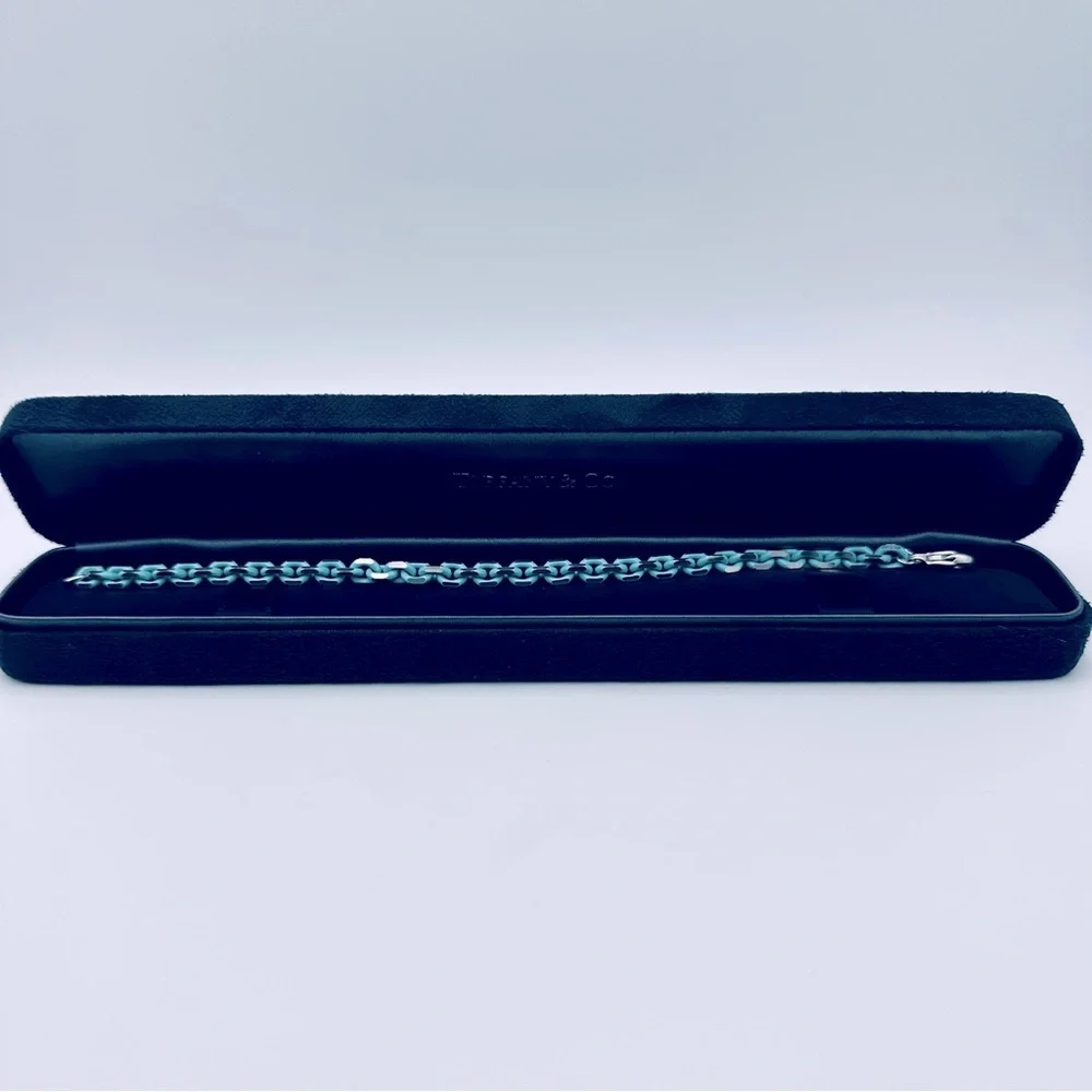 RARE Tiffany & Co. Blue Enamel Sparkle Chain Bracelet Sterling Silver with Case